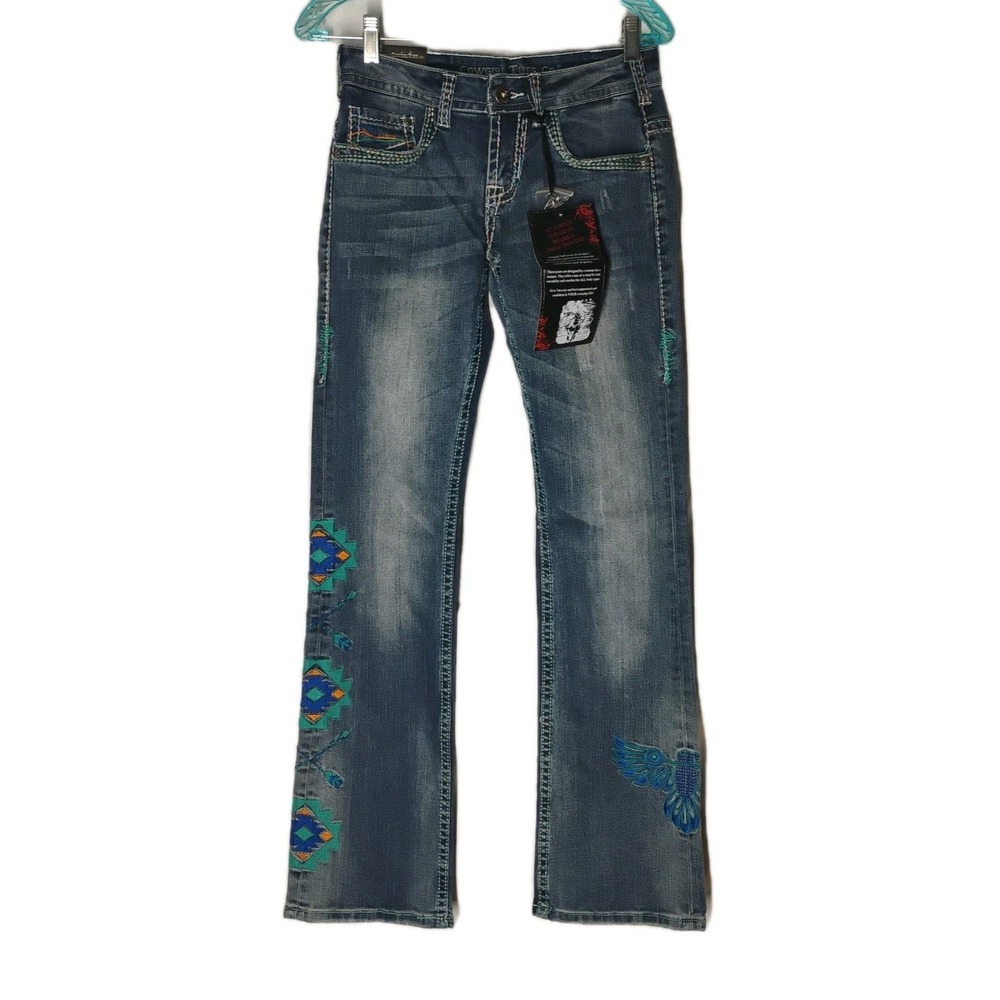 NWT Cowgirl Tuff Womens 26 Regular Thunder‎ Bird Embroidered Denim Blue Jeans